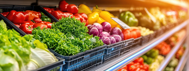 Grocery and consumer packaged goods on store shelves